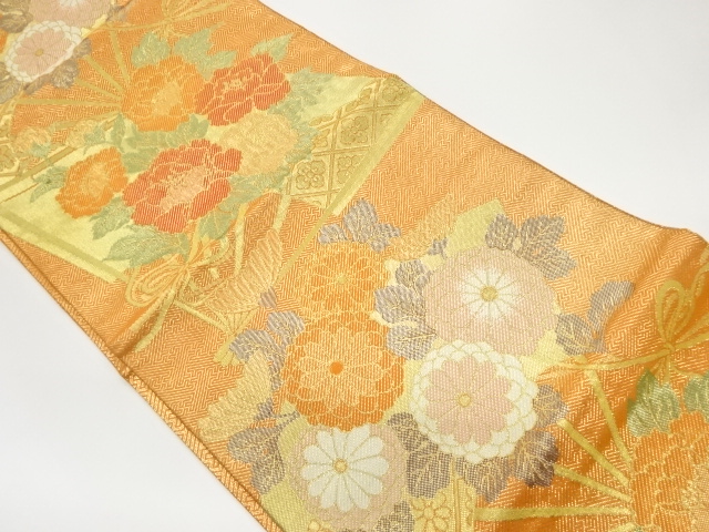 JAPANESE KIMONO / VINTAGE FUKURO OBI / SAGANISHIKI / WOVEN FLOWERS & FOLDING FAN PATTERN